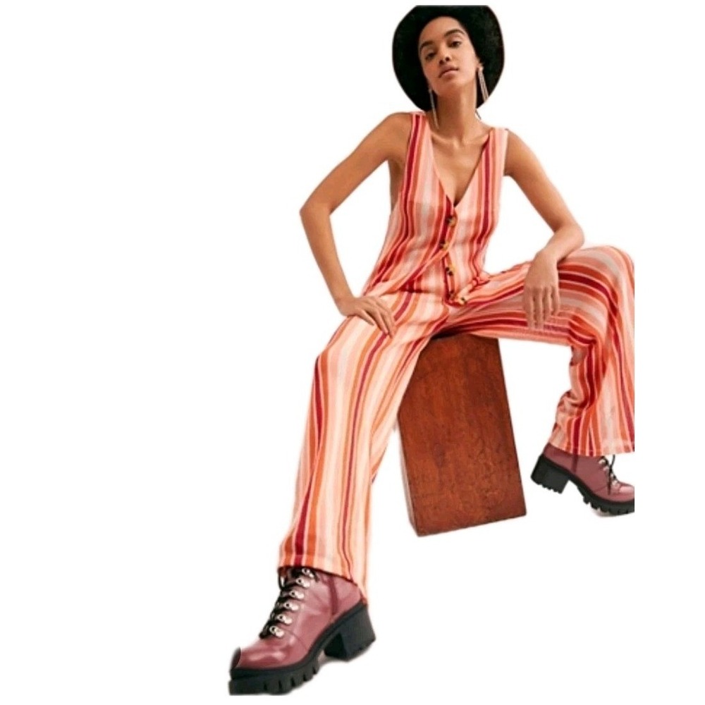 Free People Sunset 2-Piece‎ Set Orange Striped Vest Wide Leg Pants XS OB920112